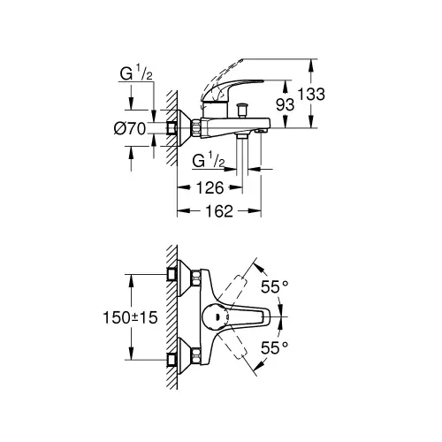 Grohe Baucurve za kadu 23599000 - tehnički crtež