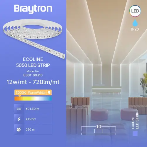Braytron LED Traka 12W 60LED 5050 3000K 24V IP20 5M BS01-00310