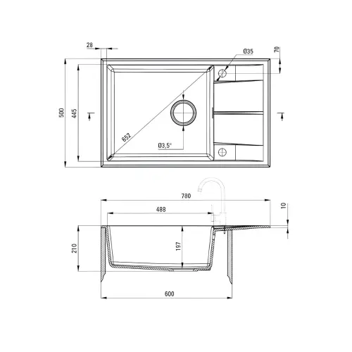 Deante Eridan ZQE N11B sudopera Crna 780x500/210mm - tehnički crtež