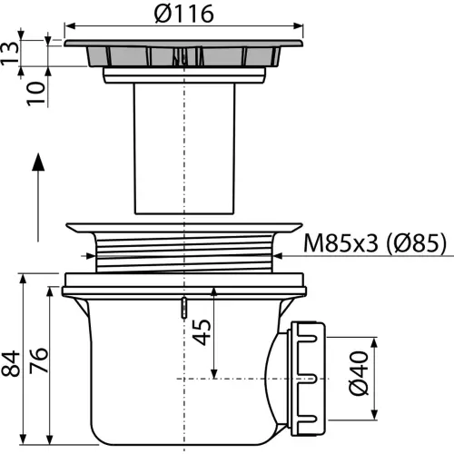 Alca sifon za tuš kadu hrom fi90 h=84mm A49CR - tehnički crtež