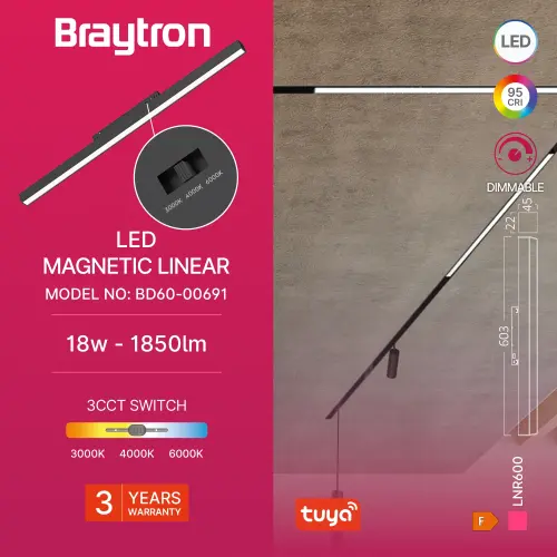 Braytron Magnetna Linearna Svetiljka 18W Crna 48VDC CCT Dimabilna BD60-00691