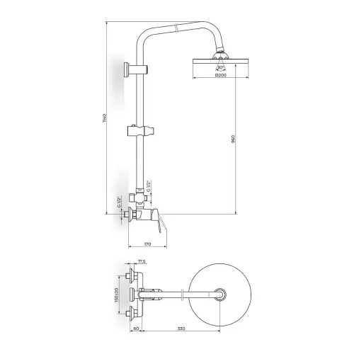 Rosan Smart Usponski tuš JA371251 - tehnički crtež