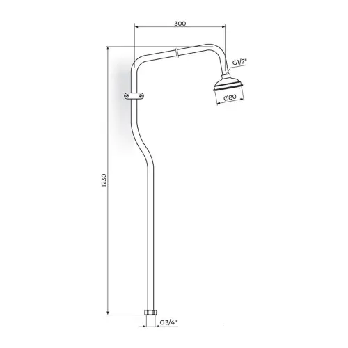 Rosan Usponski tuš o18 mm - 3/4" sa ružom PUT121834 - tehnički crtež
