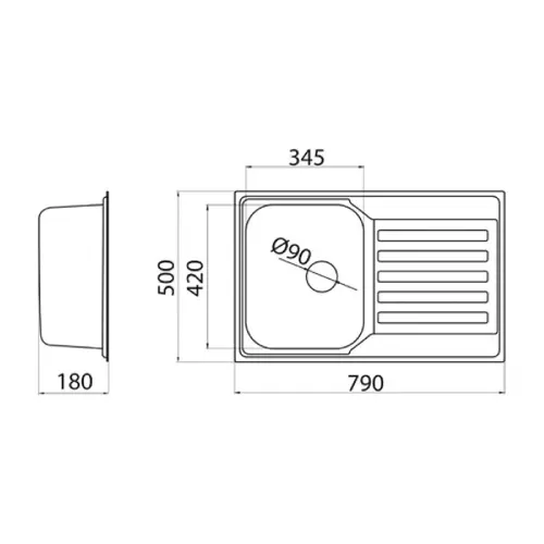 Metalac Nera PRAKTIK 1D Inox uni fi90 790x500 187958 - tehnički crtež
