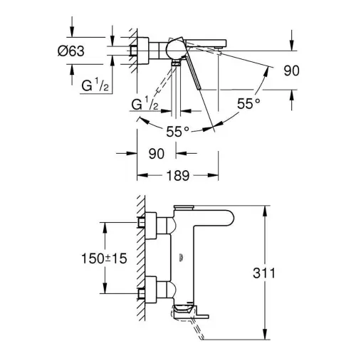 Grohe Plus za kadu 33553003 - tehnički crtež