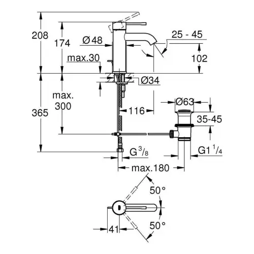 Grohe Essence za lavabo S size Hard Graphite 23589A01 - tehnički crtež