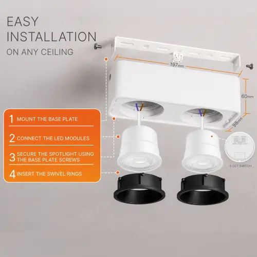 Braytron Nadgradni Spot Kvadratni Dvostruki 20W Beli/Crni CCT BH04-00060