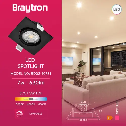 Braytron LED Spot Svetiljka Kvadratna 7W Crna CCT BD02-10781