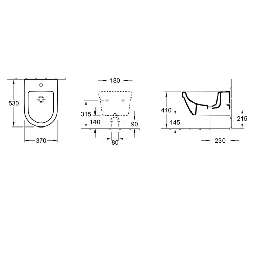 Villeroy & Boch Omnia bide 370x530 mm konzolni 54840001 - tehnički crtež