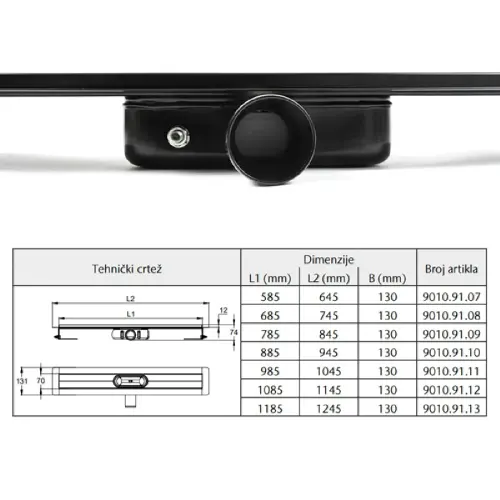 Aco ShowerDrain C Blackline tuš kanalica 685 mm h=74mm 9010.91.08 - tehnički crtež