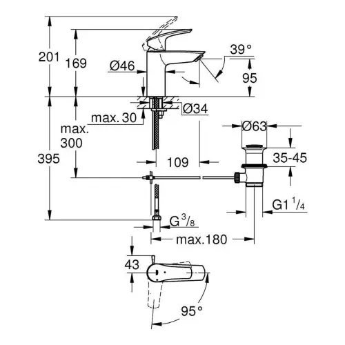 Grohe Eurosmart NEW COLD START za lavabo 32926003 - tehnički crtež
