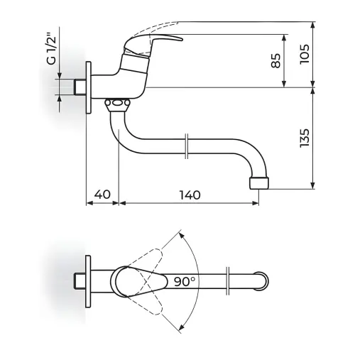 Rosan Perla ventill za jednu vodu, cevni izliv 140 mm JP523014 - tehnički crtež