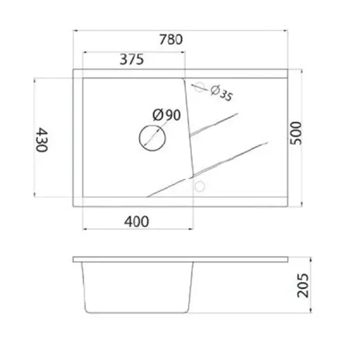 Metalac X Granit Linea PLUS fi90 Siva 780x500 sa sifonom - tehnički crtež