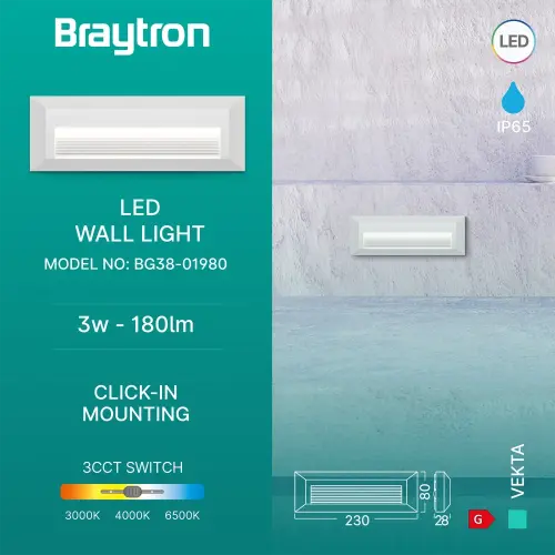 Braytron LED Zidna Svetiljka Pravougaona 3W Beli CCT IP65 BG38-01980