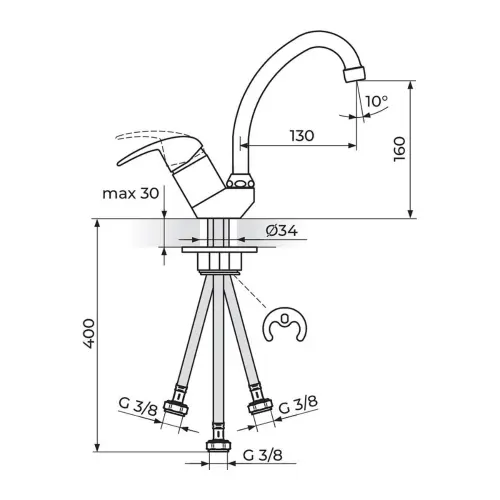 Rosan Perla za sudoperu 3 cevi cevni izliv 130 mm JP382013 - tehnički crtež
