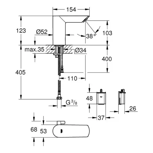 Grohe BauCosmo senzorska slavina E 6V S 36451000 - tehnički crtež