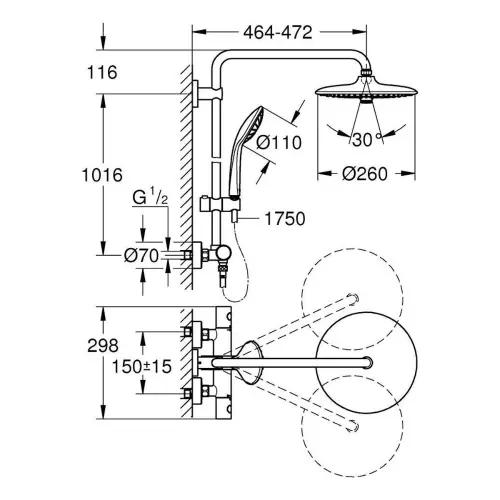 Grohe Euphoria 260 Termostatski Usponski tuš 27296002 - tehnički crtež
