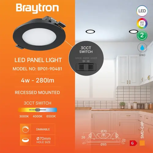 Braytron LED Panel Ugradni Okrugli 3" 4W Crni CCT BP01-90481