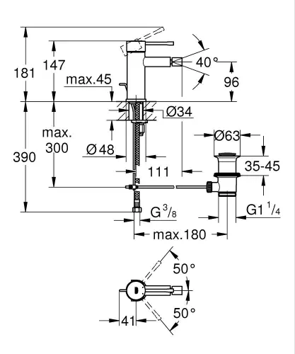 Grohe Essence za bide S size 32935001 - tehnički crtež