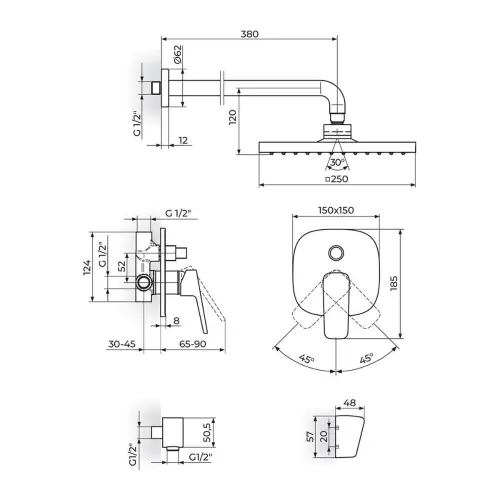 Rosan Stolz uzidna 131605 sa zidnim t 250x250mm i ruč t - tehnički crtež