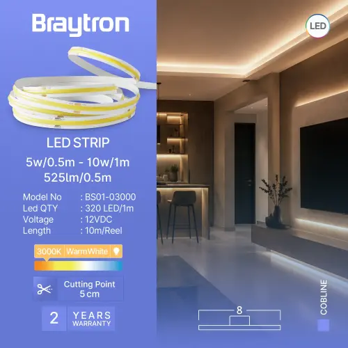Braytron LED COB Traka 10W 320D COB 3000K 12V IP20 10M BS01-03000