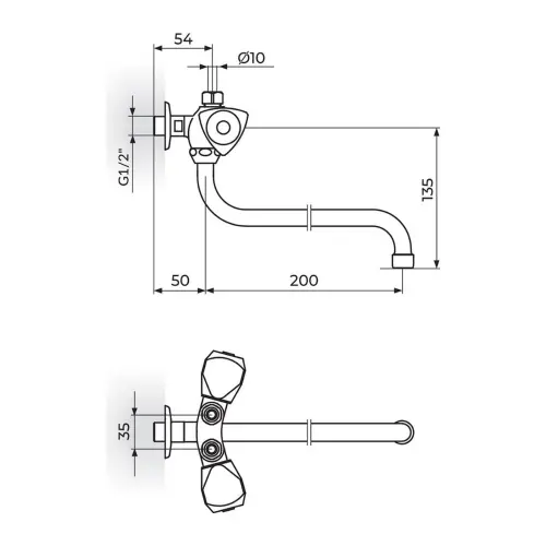 Rosan Klasik Baterija za prelivni bojler 1/2" g.deo, cevni izliv ø18 mm KF09102 - tehnički crtež