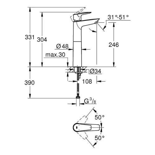 Grohe Bauedge NEW za lavabo XL 23761001 - tehnički crtež