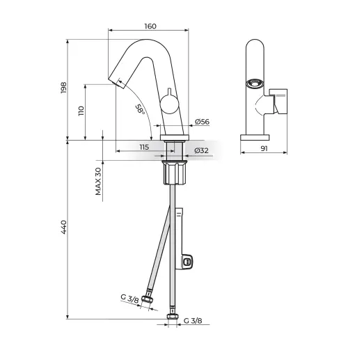 Rosan S3 za lavabo 330101B - tehnički crtež