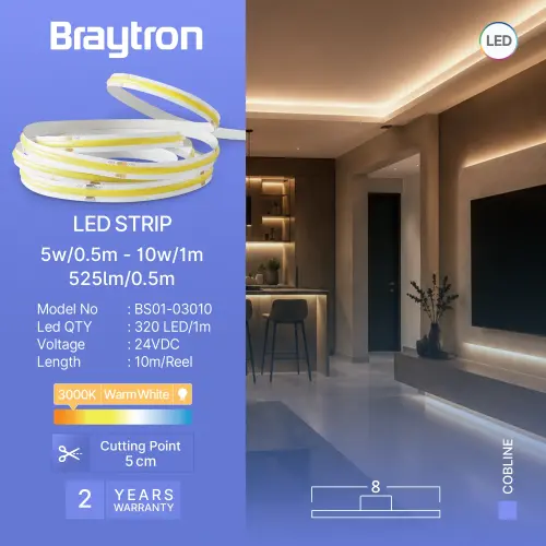 Braytron LED COB Traka 10W 320D COB 3000K 24V IP20 10M BS01-03010