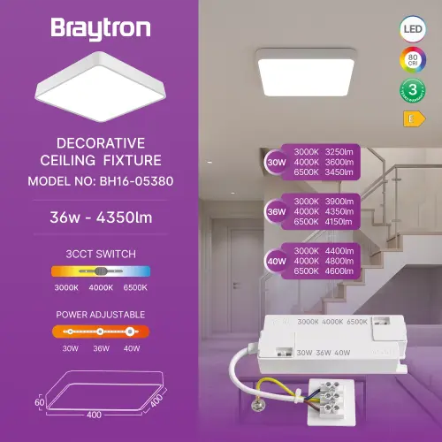 Braytron LED Plafonjera Kvadratna 36W Beli CCT BH16-05380