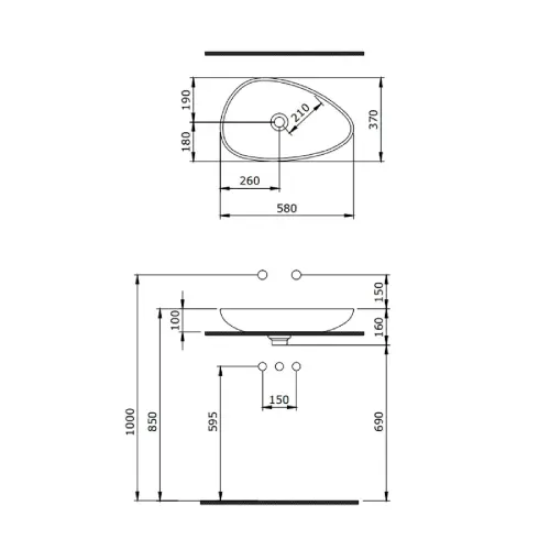 Bocchi ETNA LAVABO 58cm Cashmere MATT - tehnički crtež