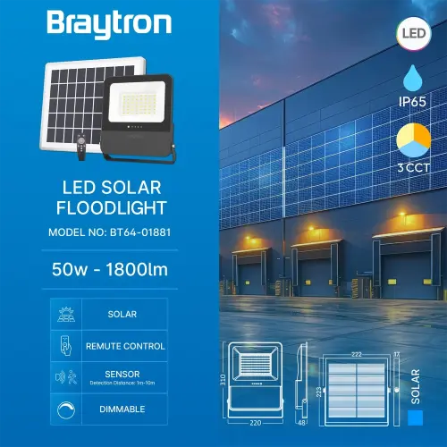 Braytron Solarni LED Reflektor 50W CCT Daljinski IP65 BT64-01881