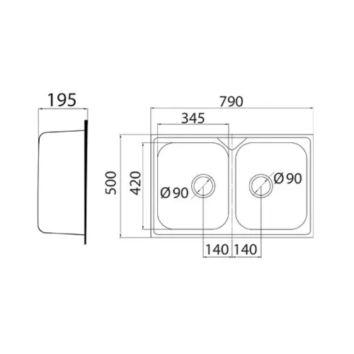 Metalac Aurora 2D Inox fi90 790x500 - tehnički crtež