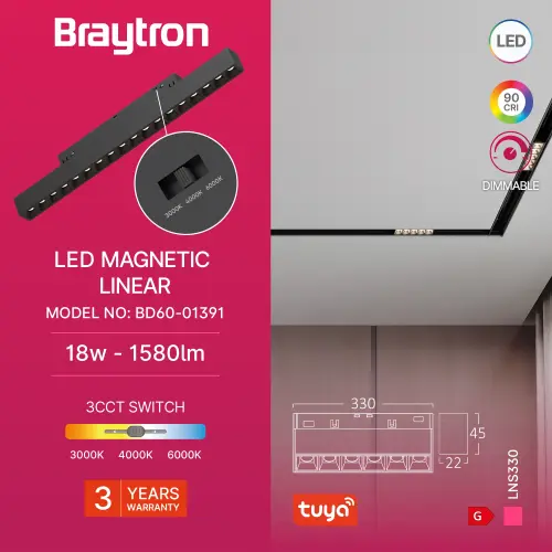 Braytron Magnetna Linearna Svetiljka 18W Crna 48VDC CCT Dimabilna Tuya BD60-01391
