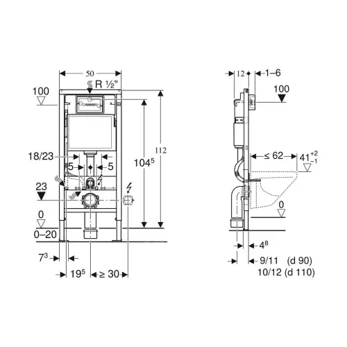 Geberit Duofix element za konzolnu WC šolju 112 cm, sa Delta ugradnim vodokotlićem 12 cm, i tipkom Delta20 458.134.21.2 - tehnički crtež