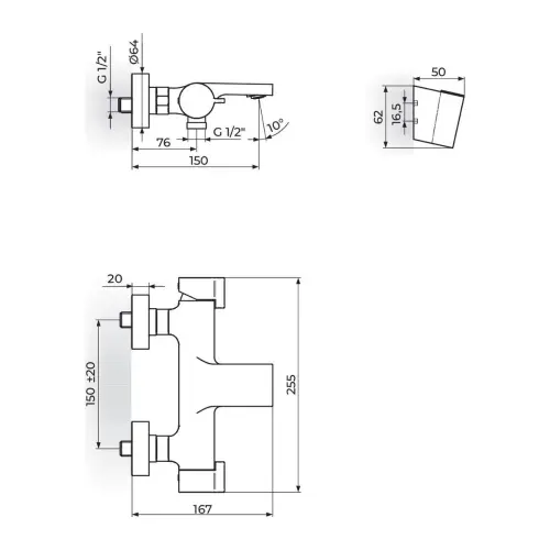 Rosan S3 Black za kadu 333101B - tehnički crtež