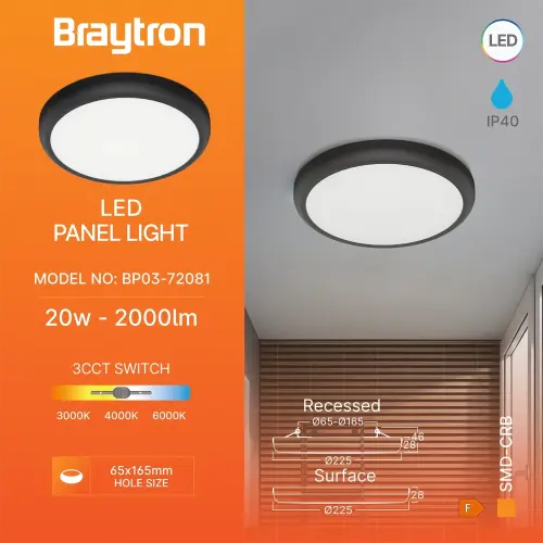 Braytron LED Panel Nadgradni Okrugli 20W Crni CCT BP03-72081
