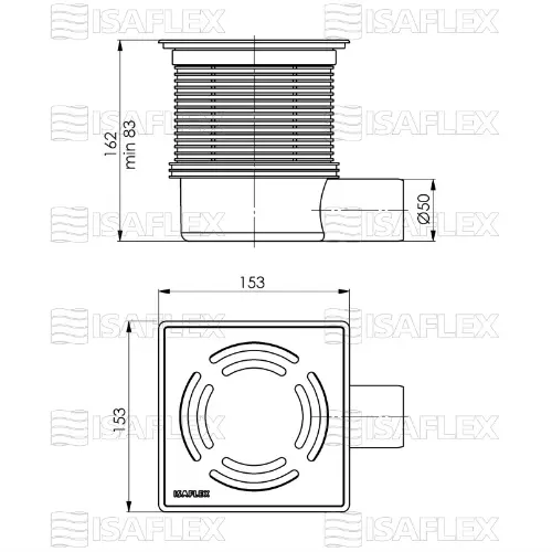 ISAFLEX SLIVNIK sa inox resetkom 15x15 fi50 - tehnički crtež