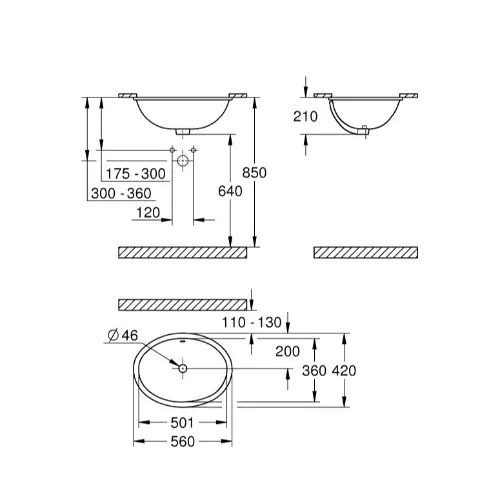 Grohe Bau Ceramic Umivaonik podgradni 55 39423000 - tehnički crtež