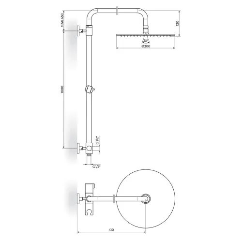 Rosan Konzola tuša Stolz tuš ruža Inox D.300mm PUTK12 - tehnički crtež