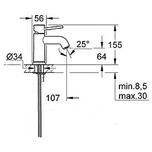 Grohe BauClassic za lavabo S-bez podsklopa 23162000 - tehnički crtež
