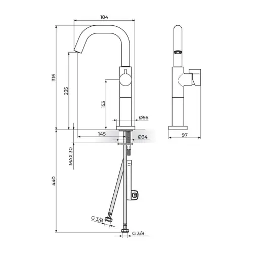 Rosan S3 Black za lavabo L 330209B - tehnički crtež