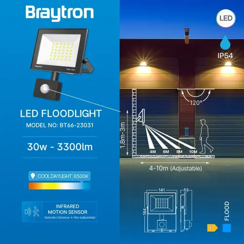 Braytron LED Reflektor 30W Crni 6500K IP54 sa Senzorom BT66-23031