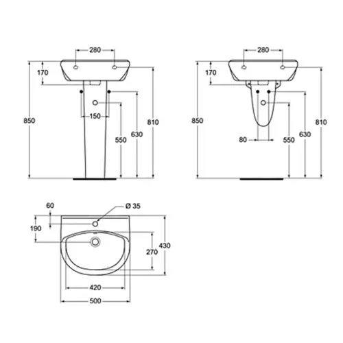 Ideal Standard Alpha umivaonik 50x43 W331201 - tehnički crtež