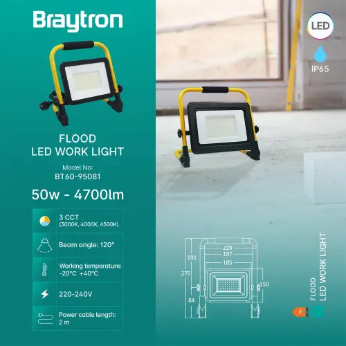 Braytron LED Radno Svetlo 50W Crni CCT BT60-95081