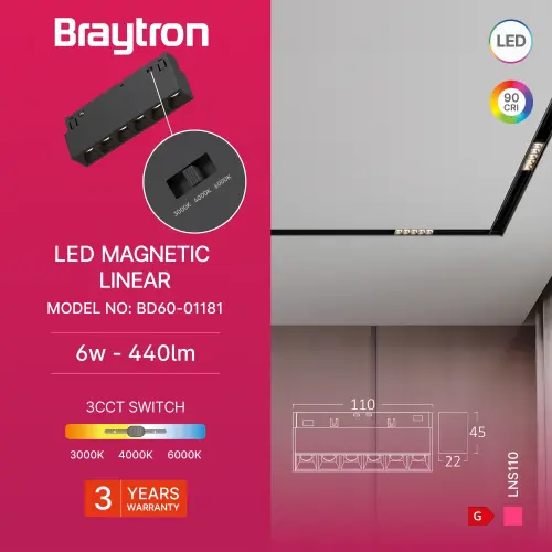 Braytron Magnetna Linearna Svetiljka 6W Crni CCT 48VDC BD60-01181