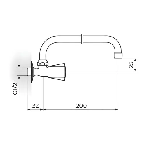 Rosan Keramic Zidni ventil 1/2" g.deo - gornji izliv o18 mm AK52U200 - tehnički crtež