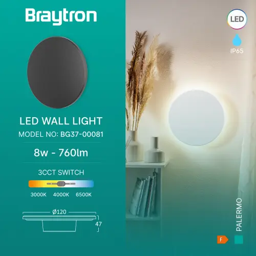 Braytron LED Zidna Svetiljka Okrugla 8W Crni CCT IP65 BG37-00081