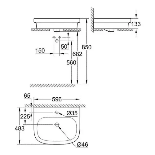 Grohe Euro Ceramic Umivaonik na ploču 60 39337000 - tehnički crtež
