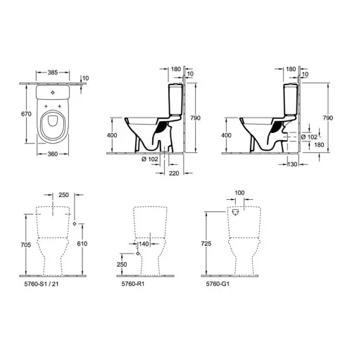 Villeroy & Boch O novo wc šolja za monoblok simplon 56610101 - tehnički crtež